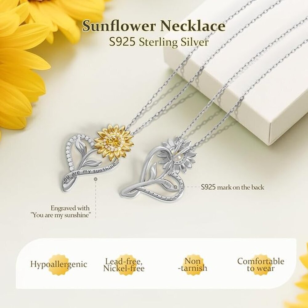 Sunflower Heart Necklace – “You Are My Sunshine” – S925 Sterling Silver – New - Picture 3 of 4